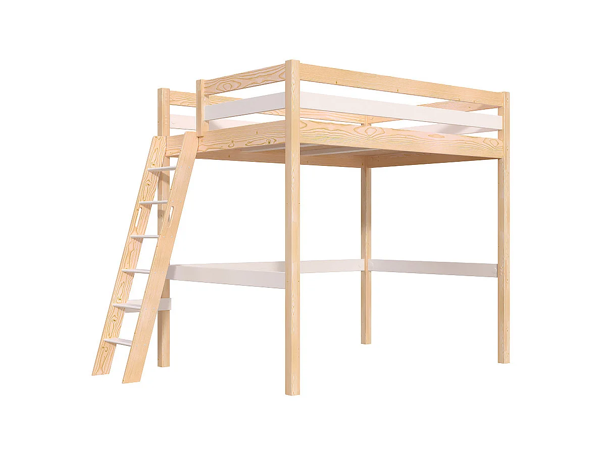 Lit mezzanine 2 places bois Sylvia 140x200 échelle inclinée, Vernis naturel/Blanc