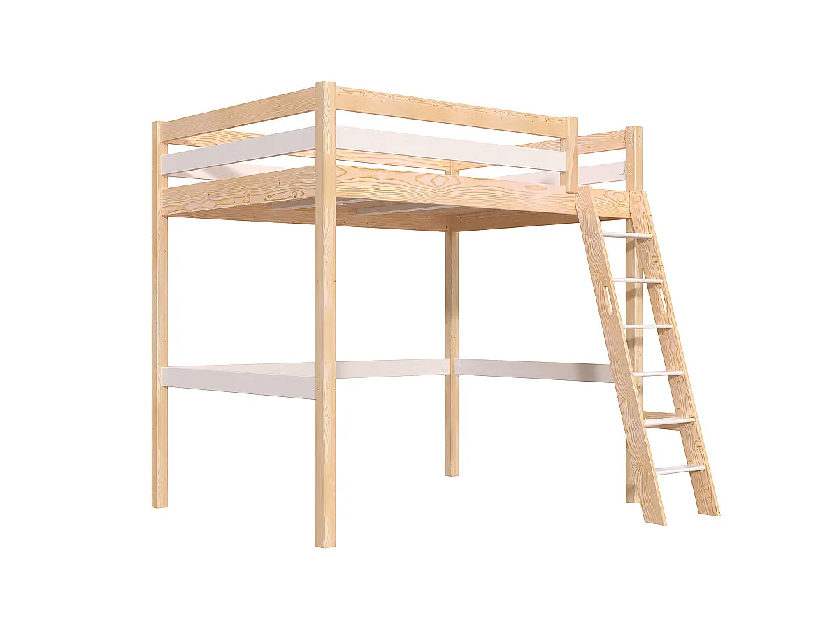 Lit mezzanine 2 places bois Sylvia 140x200 échelle inclinée, Vernis naturel/Blanc