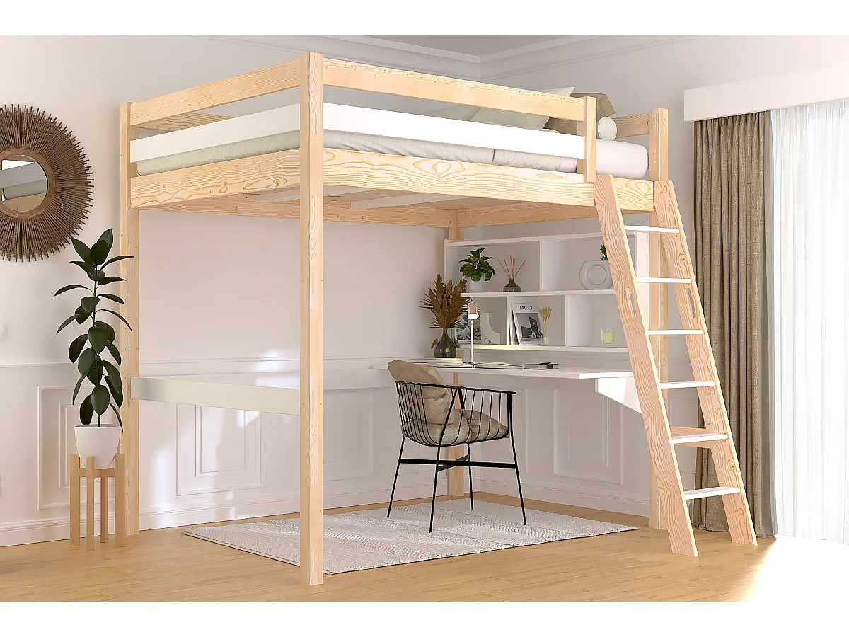 Lit mezzanine 2 places bois Sylvia 140x200 échelle inclinée, Vernis naturel/Blanc