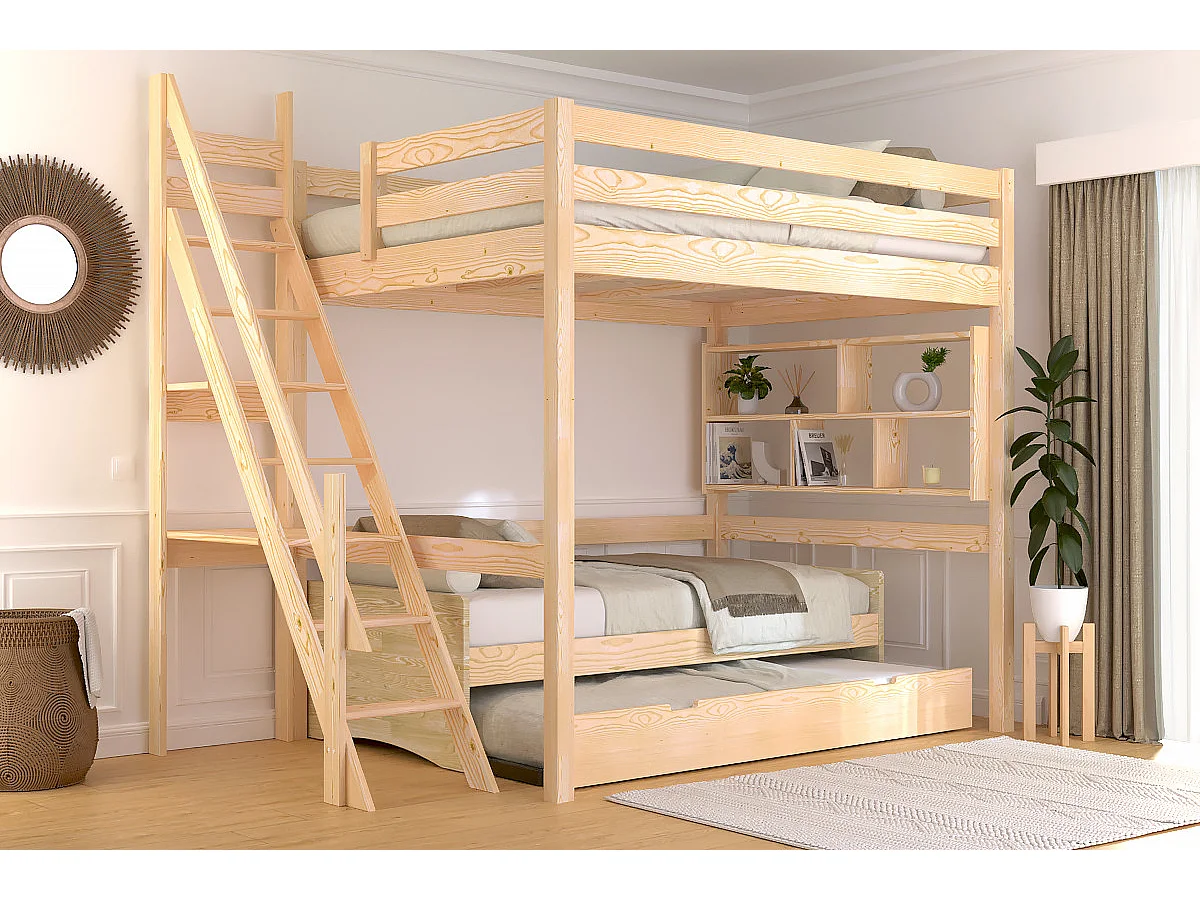 Lit mezzanine bois 140x200 Sylvia avec escalier de meunier, Vernis Naturel