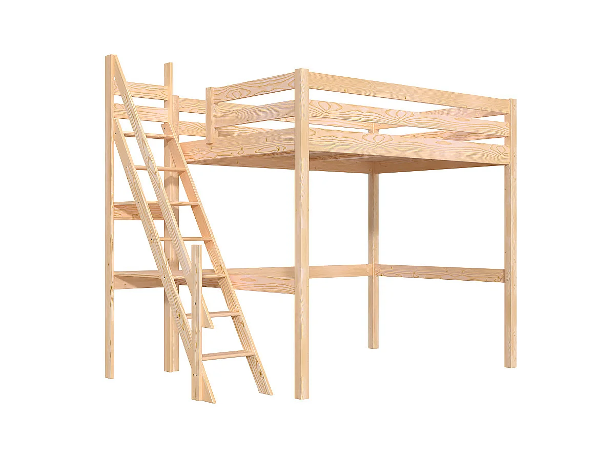 Lit mezzanine bois 140x200 Sylvia avec escalier de meunier, Vernis Naturel