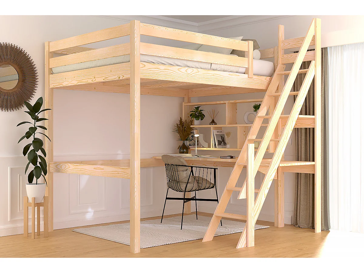 Lit mezzanine bois 140x200 Sylvia avec escalier de meunier, Vernis Naturel