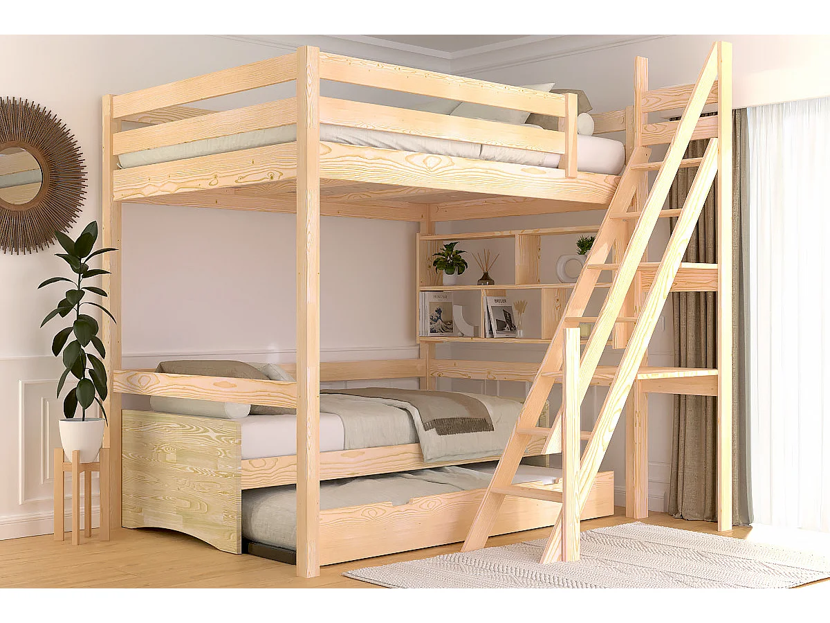 Lit mezzanine bois 140x200 Sylvia avec escalier de meunier, Vernis Naturel