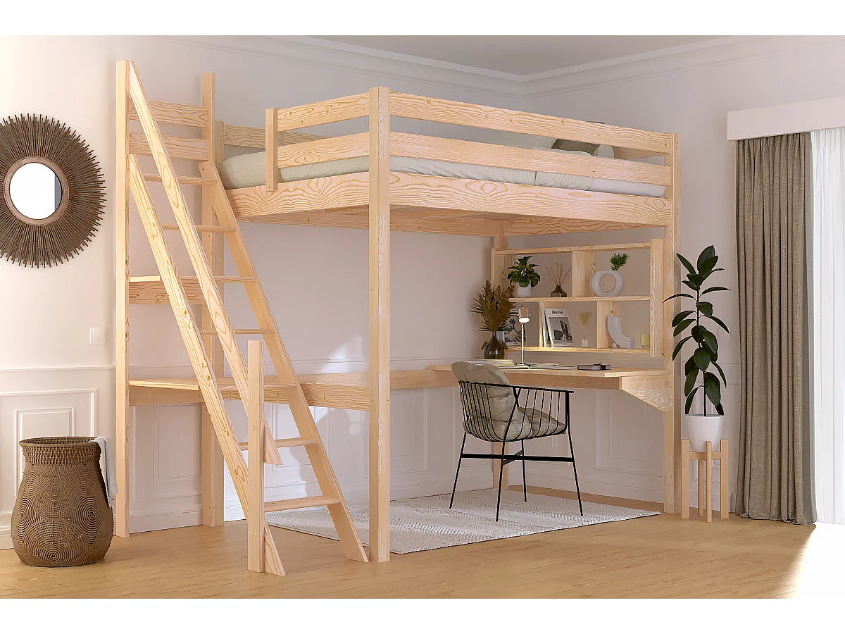 Lit mezzanine bois 120x200 Sylvia avec escalier de meunier, Vernis Naturel