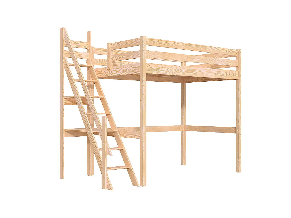 Lit mezzanine bois 120x200 Sylvia avec escalier de meunier, Vernis Naturel