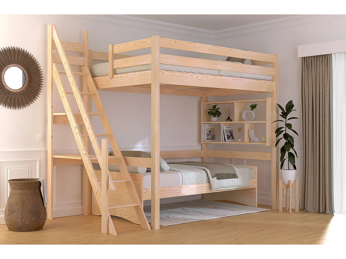 Lit mezzanine bois 120x200 Sylvia avec escalier de meunier, Vernis Naturel