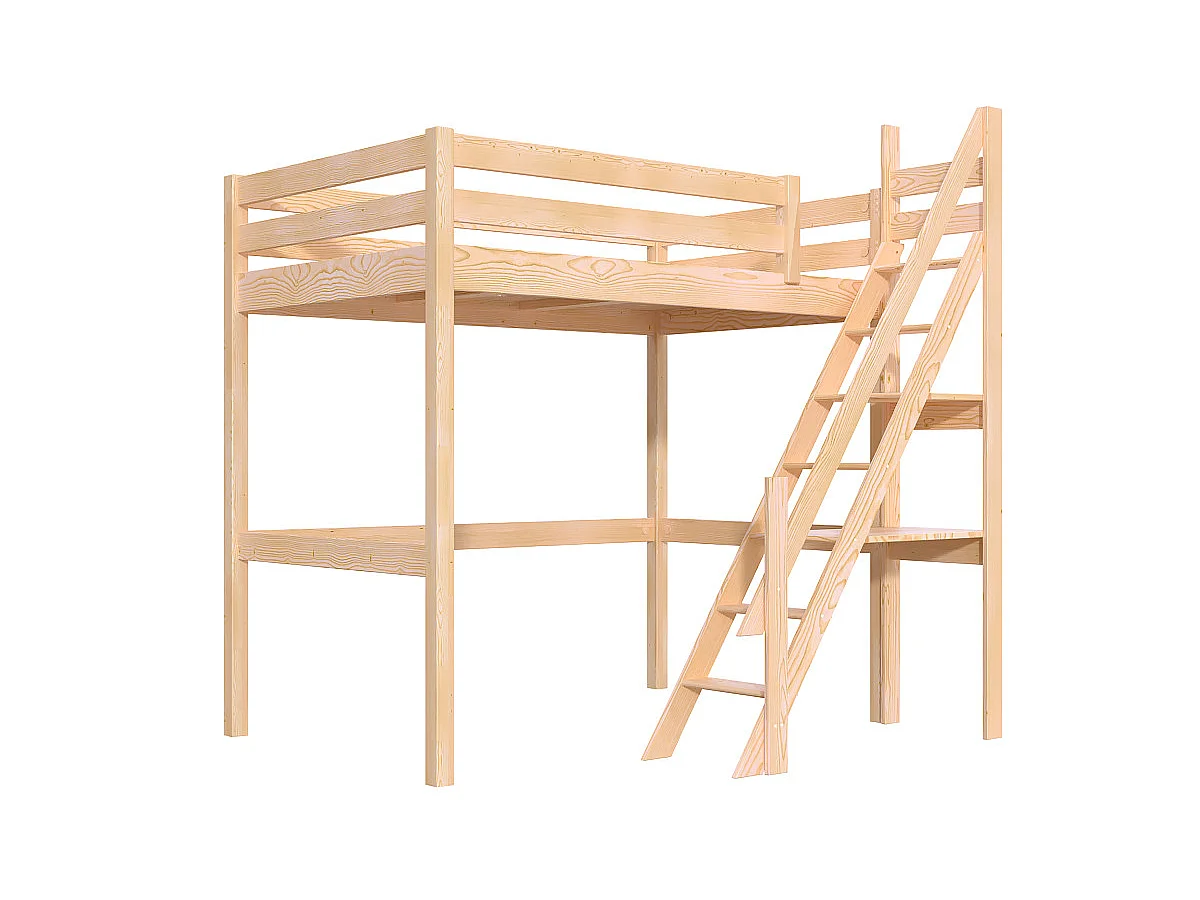 Lit mezzanine bois 120x200 Sylvia avec escalier de meunier, Vernis Naturel