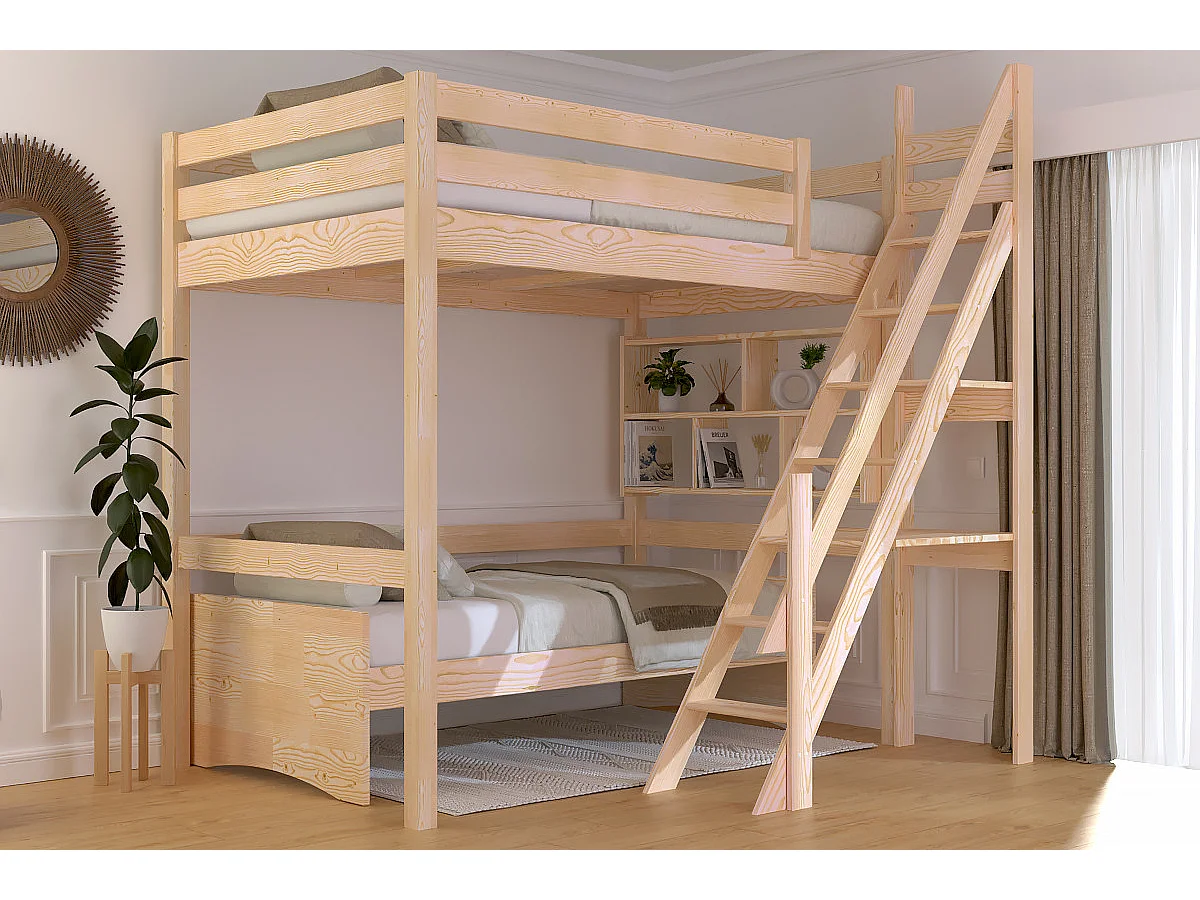 Lit mezzanine bois 120x200 Sylvia avec escalier de meunier, Vernis Naturel