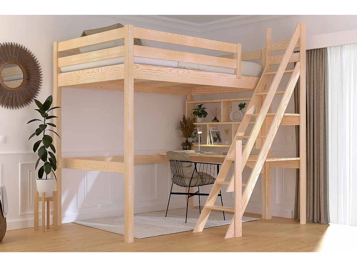 Lit mezzanine bois 120x200 Sylvia avec escalier de meunier, Vernis Naturel