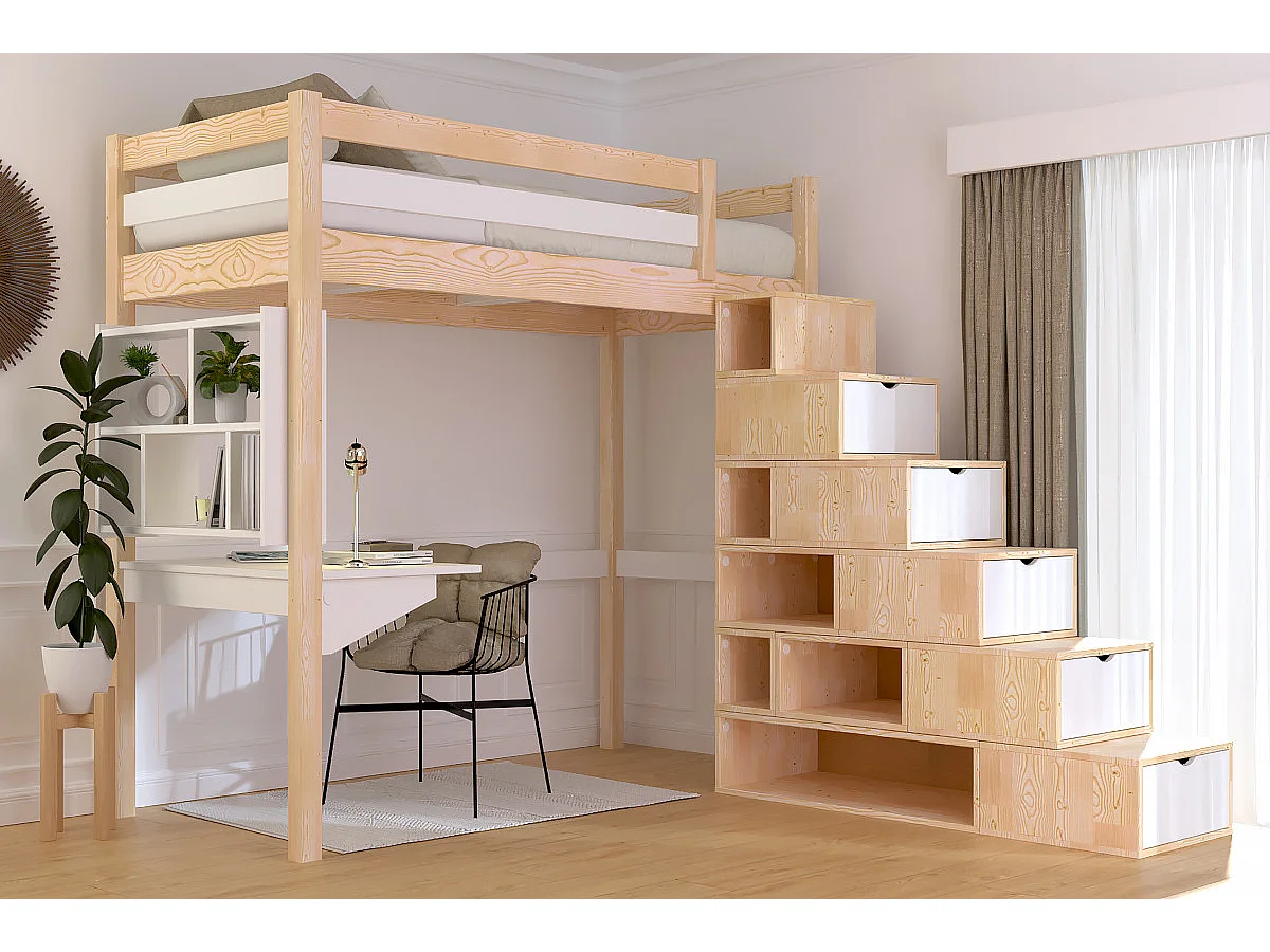 Lit mezzanine bois 90x200 Sylvia avec escalier cube, Vernis naturel/Blanc
