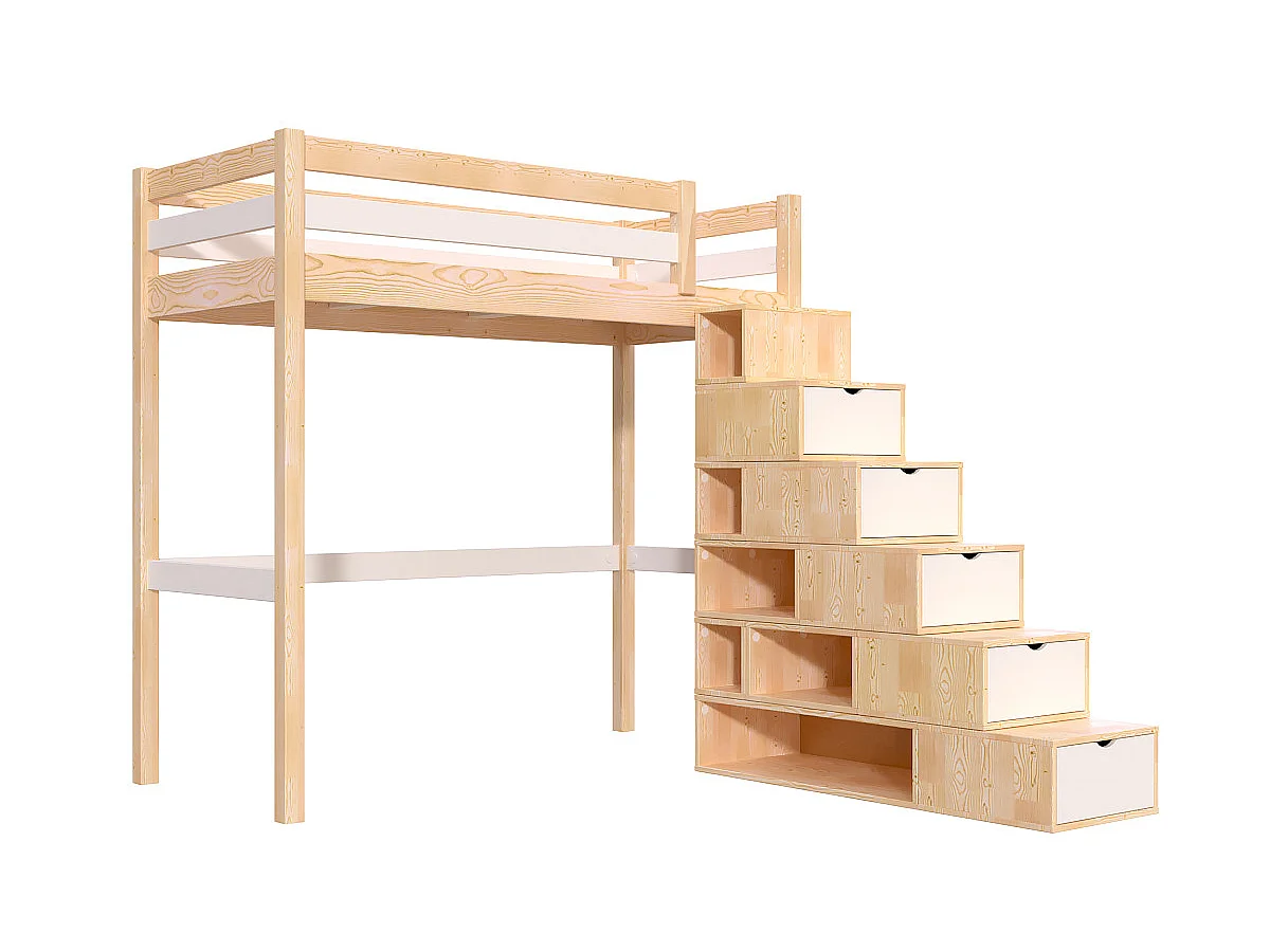 Lit mezzanine bois 90x200 Sylvia avec escalier cube, Vernis naturel/Blanc