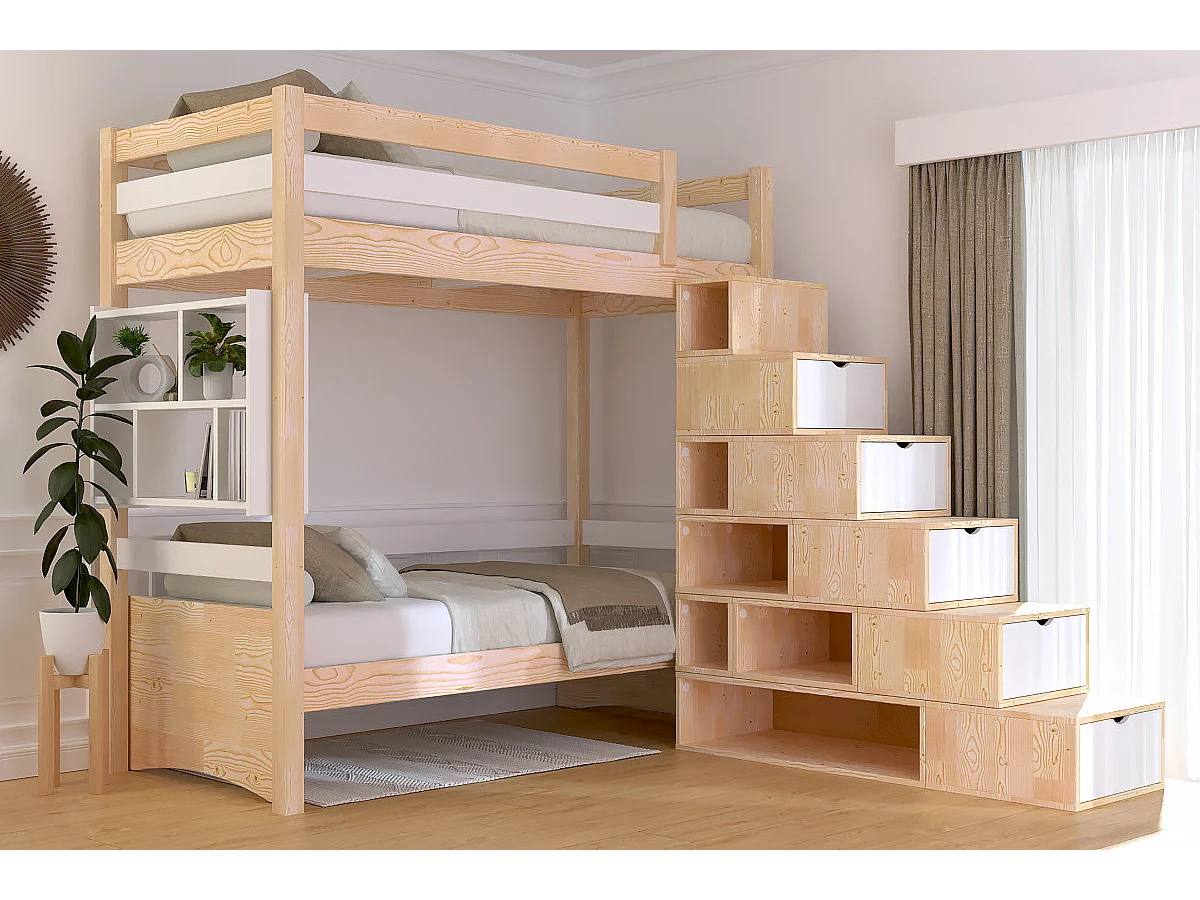 Lit mezzanine bois 90x200 Sylvia avec escalier cube, Vernis naturel/Blanc