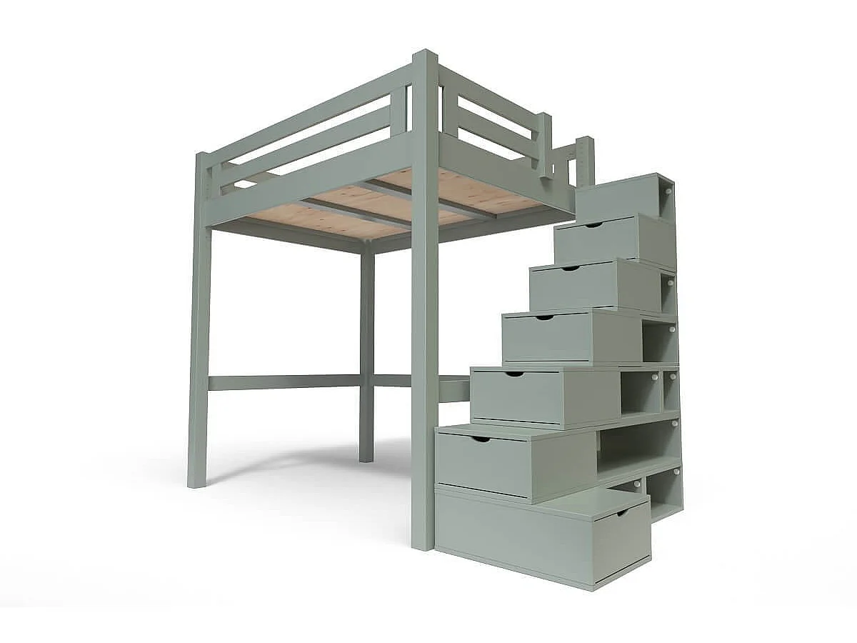 Lit Mezzanine adulte bois 120x200 Alpage hauteur réglable + escalier cube, Gris