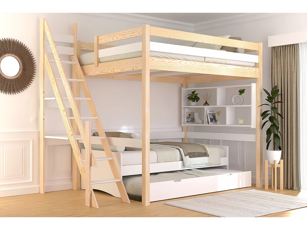 Lit mezzanine bois 140x200 Sylvia avec escalier de meunier, Vernis naturel/Blanc