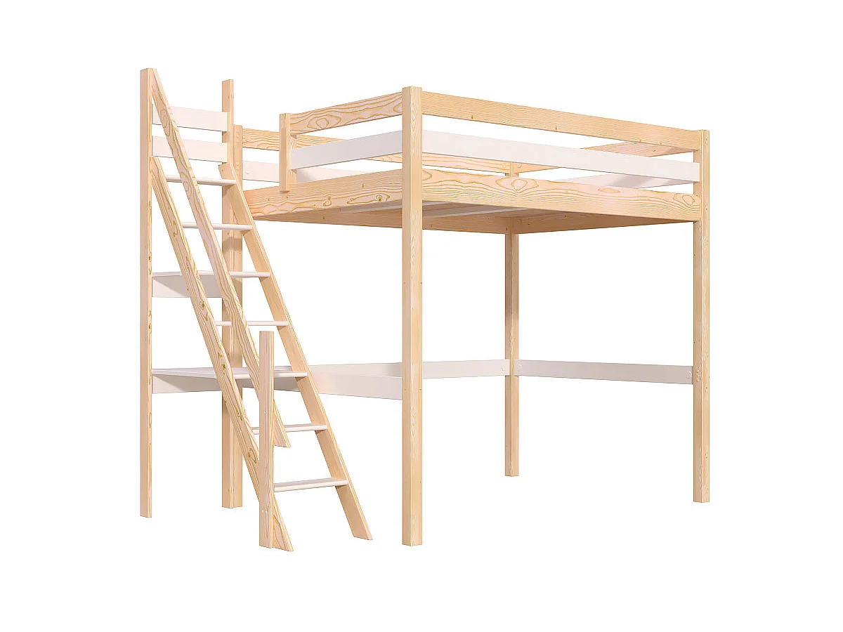 Lit mezzanine bois 140x200 Sylvia avec escalier de meunier, Vernis naturel/Blanc