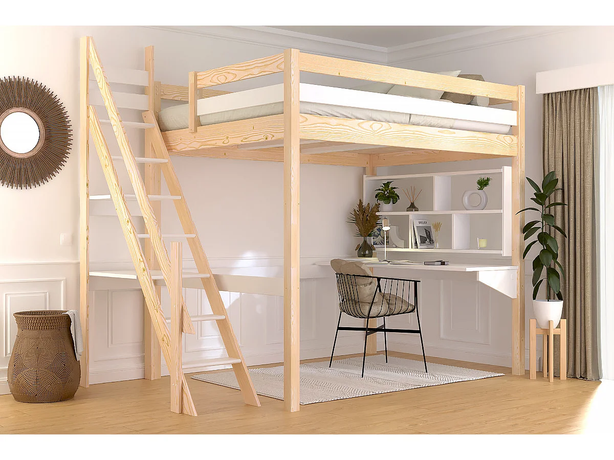 Lit mezzanine bois 140x200 Sylvia avec escalier de meunier, Vernis naturel/Blanc