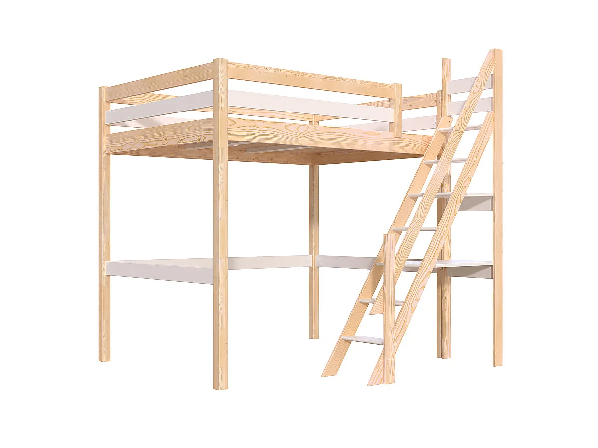 Lit mezzanine bois 140x200 Sylvia avec escalier de meunier, Vernis naturel/Blanc