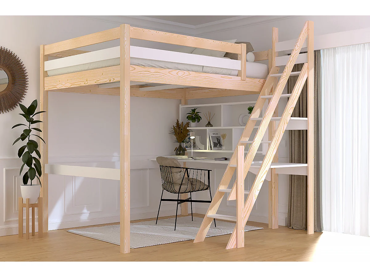 Lit mezzanine bois 140x200 Sylvia avec escalier de meunier, Vernis naturel/Blanc