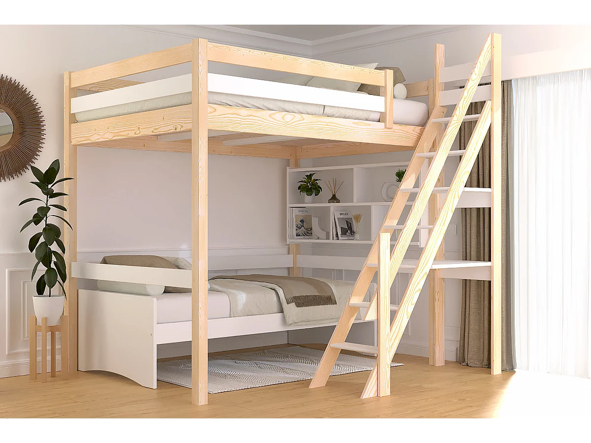 Lit mezzanine bois 140x200 Sylvia avec escalier de meunier, Vernis naturel/Blanc
