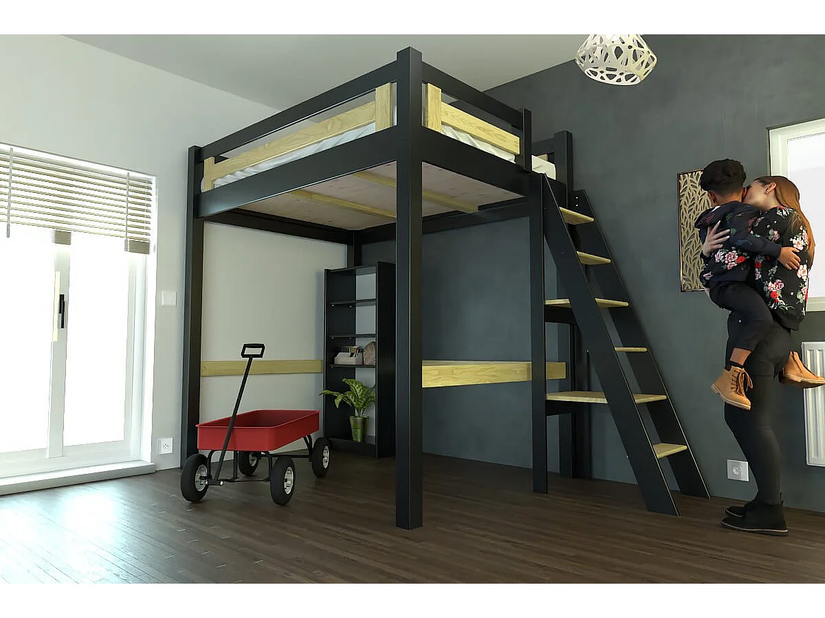 Lit Mezzanine adulte 160x200 bois + échelle hauteur réglable Alpage, Noir/Miel