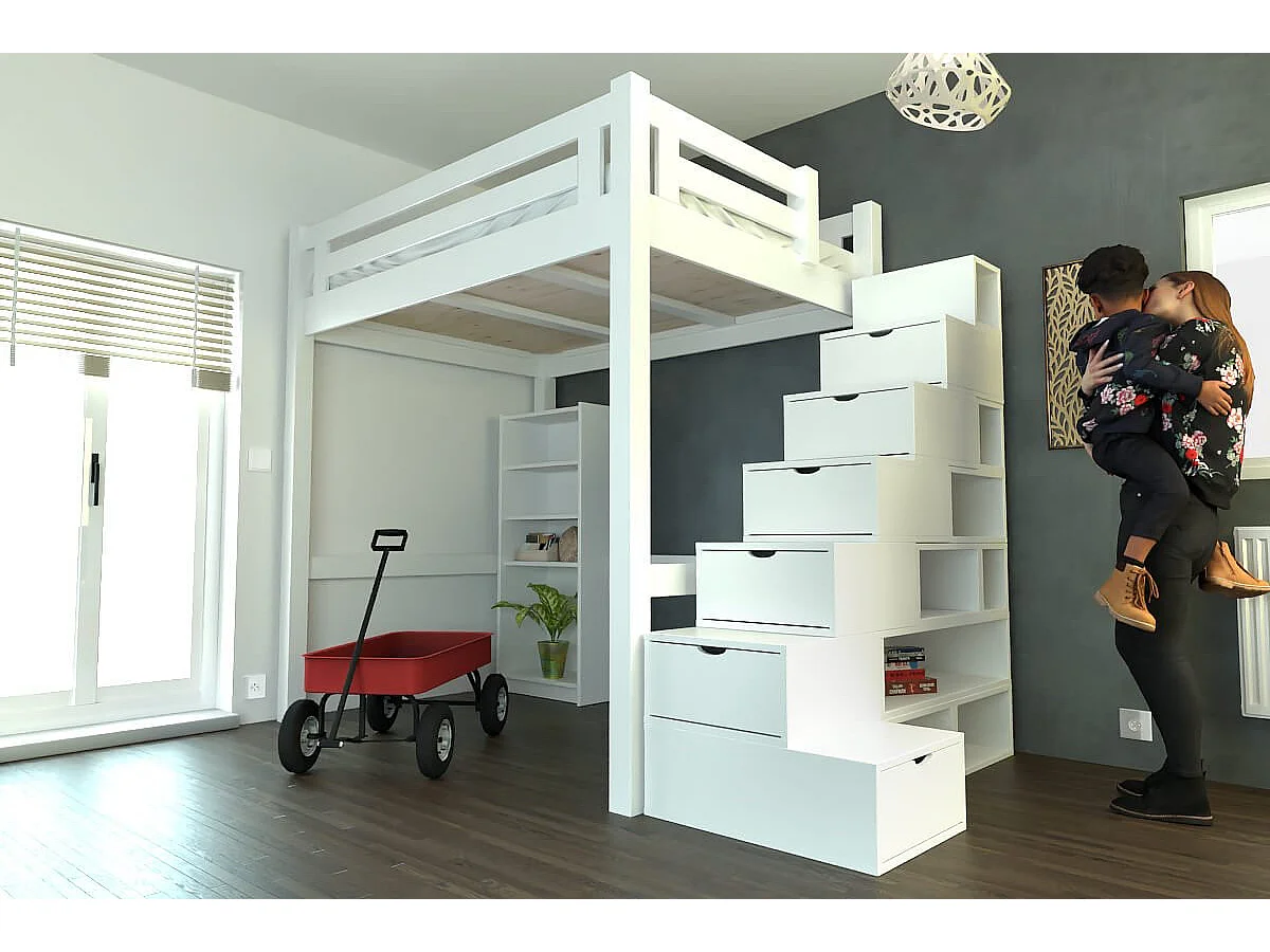 Lit Mezzanine adulte bois 120x200 Alpage hauteur réglable + escalier cube, Blanc