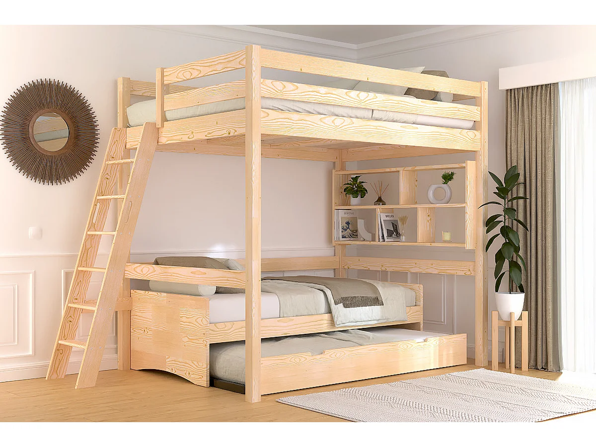 Lit mezzanine 2 places bois Sylvia 140x200 échelle inclinée, Brut (sans vernis)
