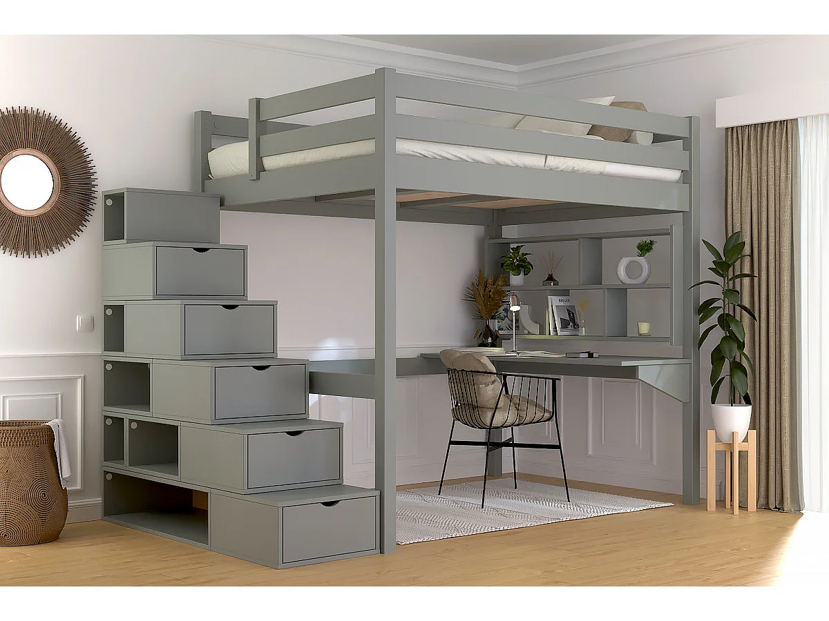 Lit mezzanine bois 140x200 Sylvia avec escalier cube, Gris