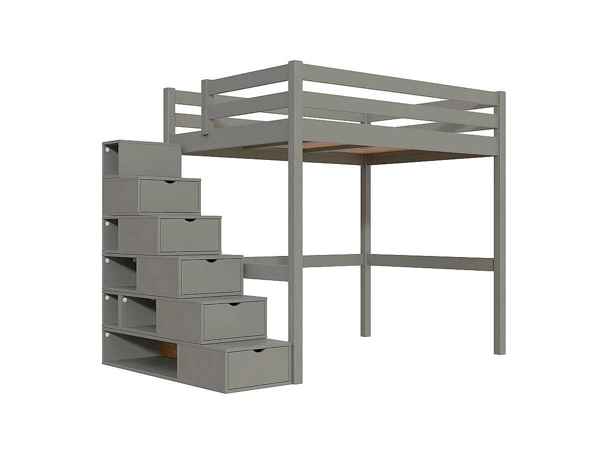 Lit mezzanine bois 140x200 Sylvia avec escalier cube, Gris