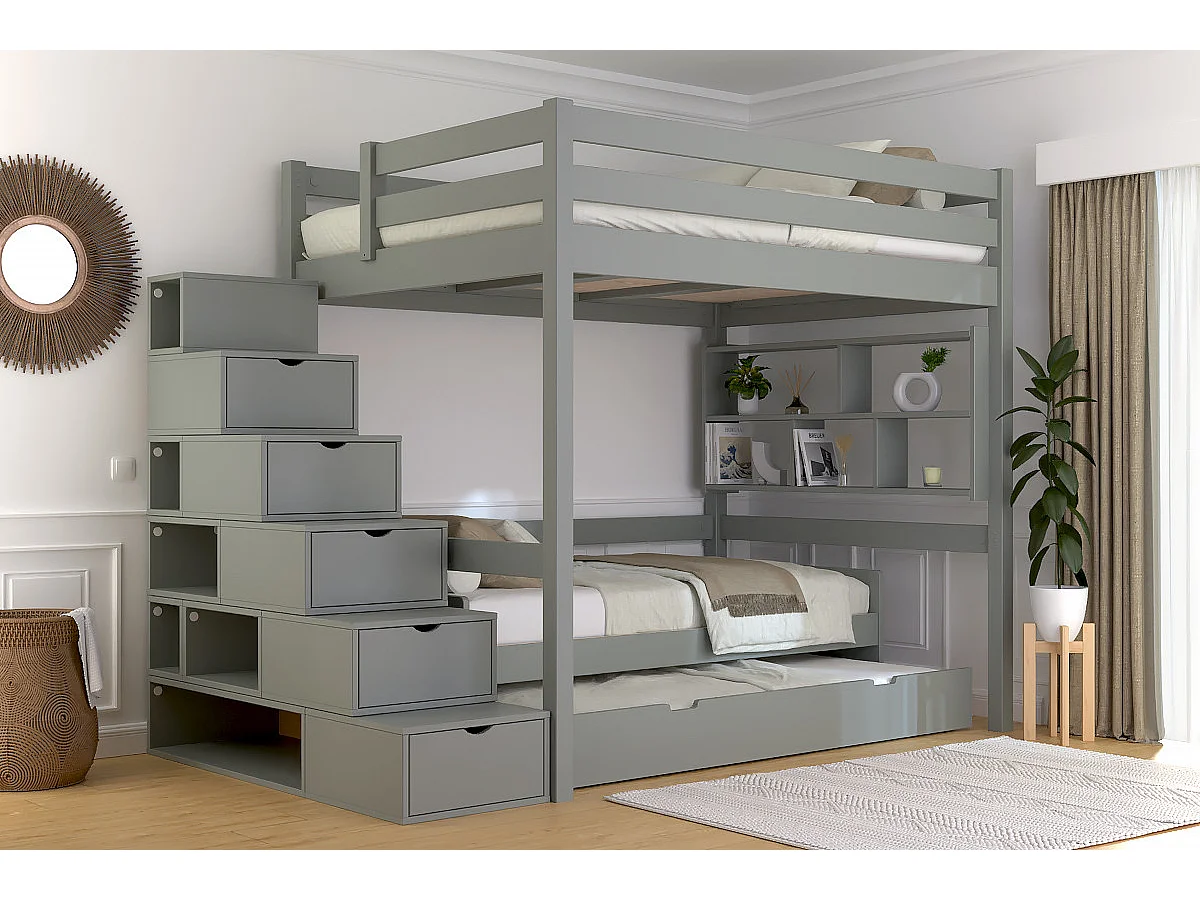 Lit mezzanine bois 140x200 Sylvia avec escalier cube, Gris