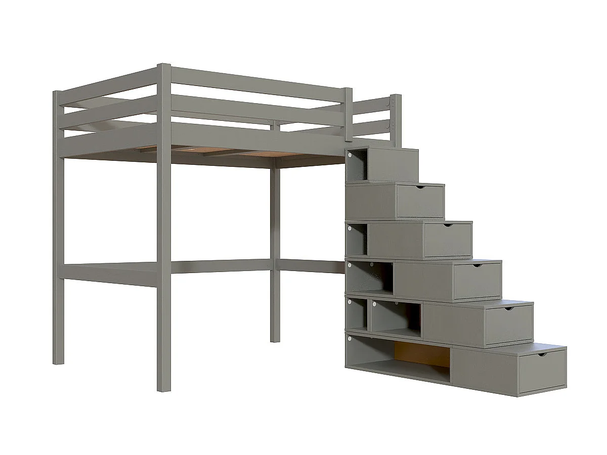 Lit mezzanine bois 140x200 Sylvia avec escalier cube, Gris