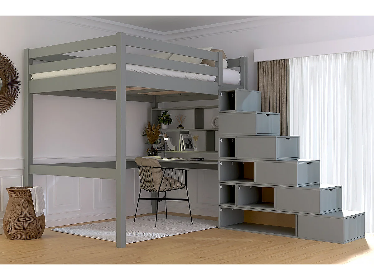 Lit mezzanine bois 140x200 Sylvia avec escalier cube, Gris
