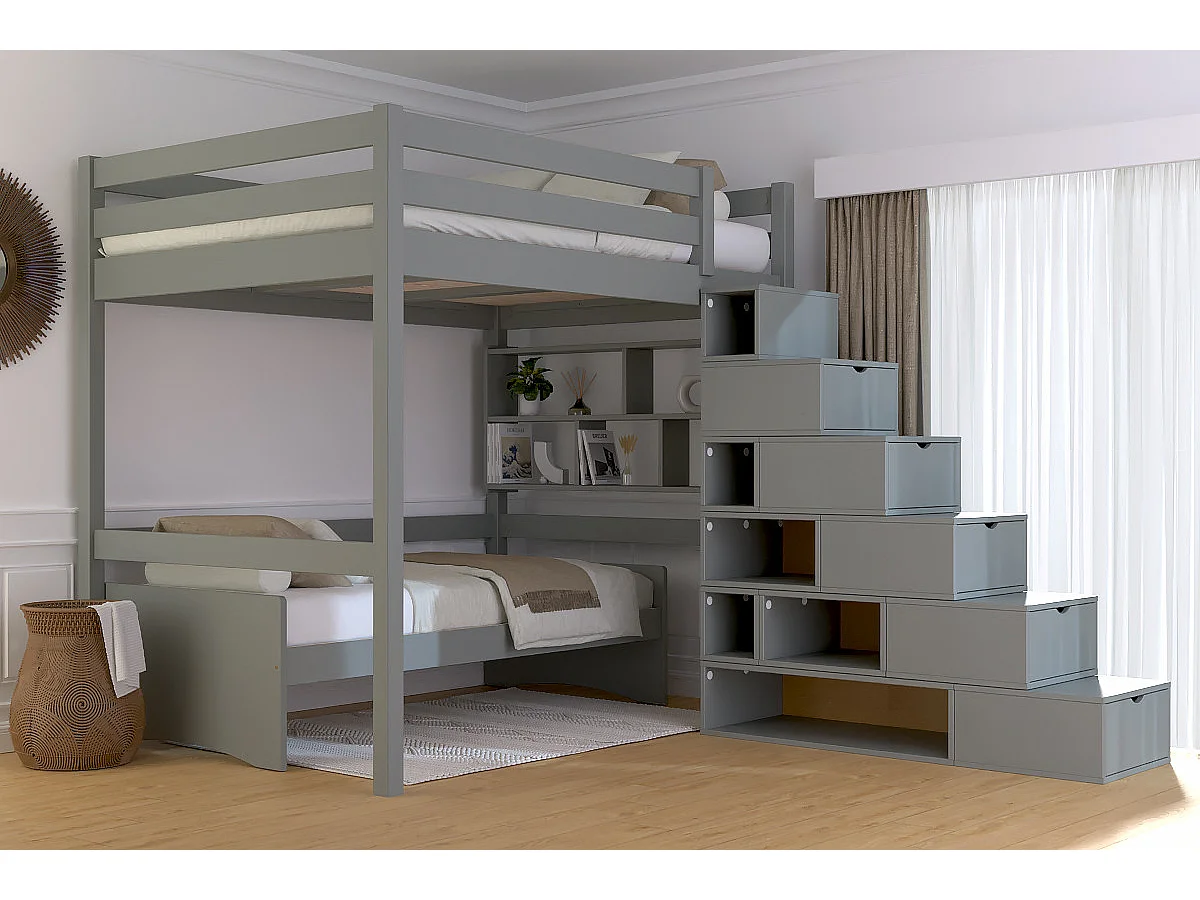Lit mezzanine bois 140x200 Sylvia avec escalier cube, Gris