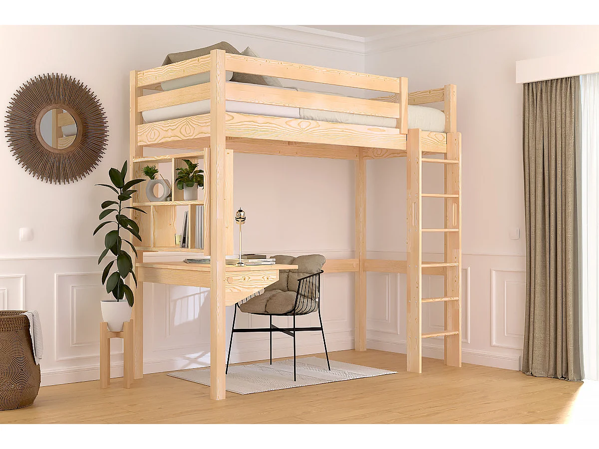 Lit en hauteur 1 place bois Sylvia 90x200 échelle droite, Vernis Naturel