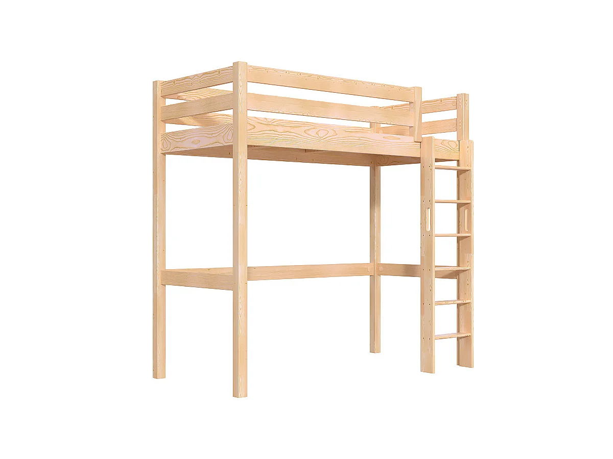 Lit en hauteur 1 place bois Sylvia 90x200 échelle droite, Vernis Naturel