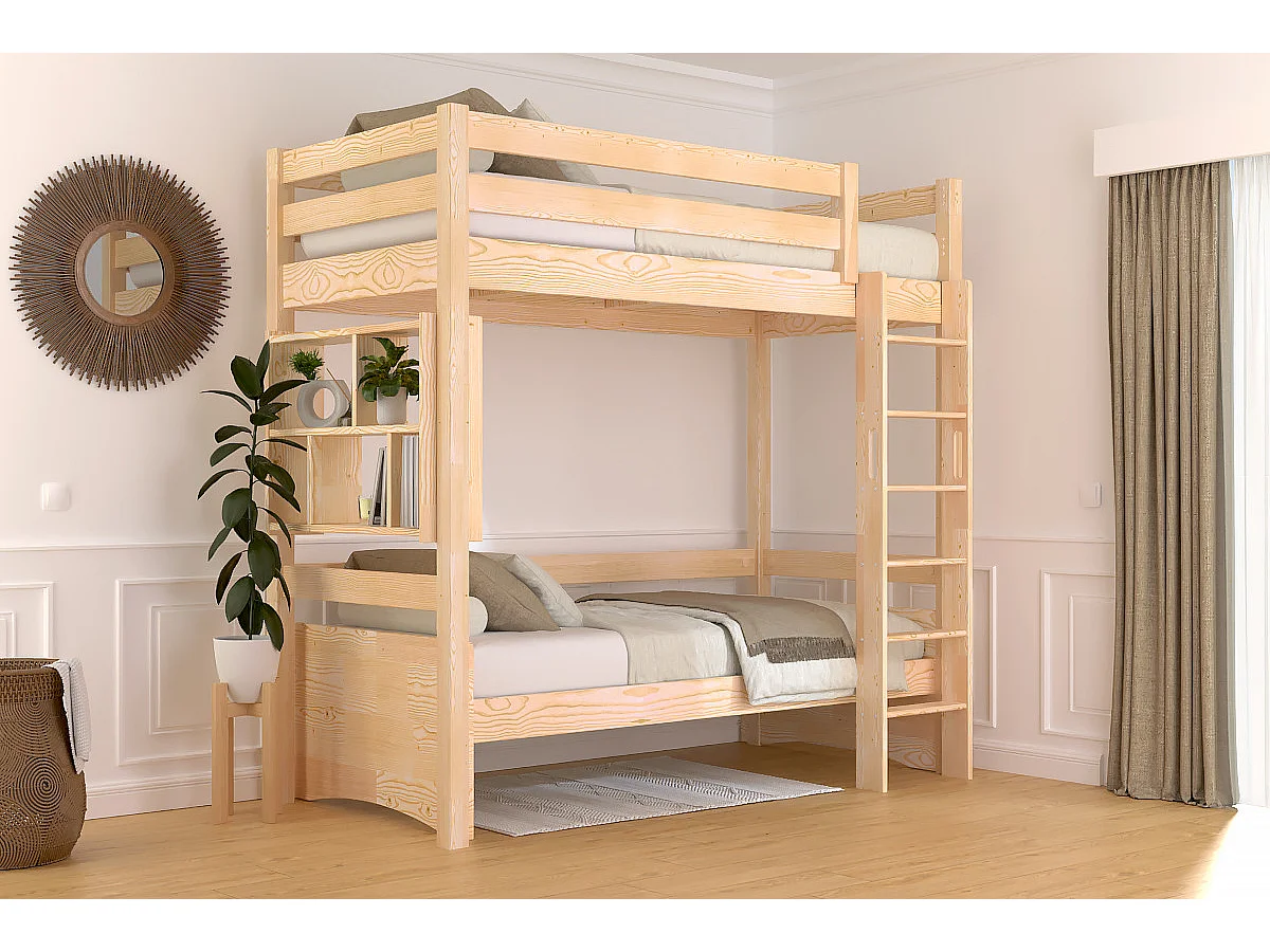 Lit en hauteur 1 place bois Sylvia 90x200 échelle droite, Vernis Naturel