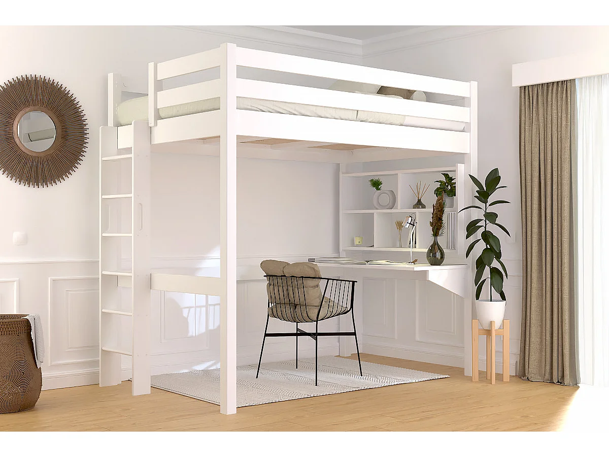 Lit en hauteur 1 place bois Sylvia 120x200 échelle droite, Blanc