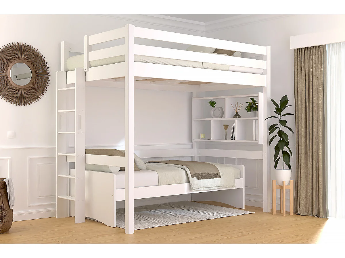 Lit en hauteur 1 place bois Sylvia 120x200 échelle droite, Blanc