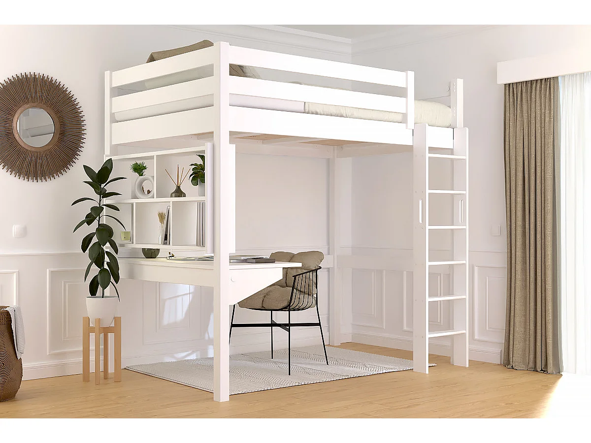Lit en hauteur 1 place bois Sylvia 120x200 échelle droite, Blanc