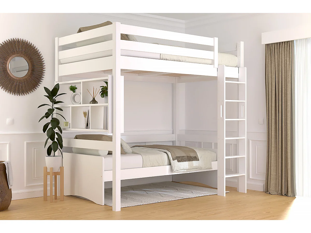 Lit en hauteur 1 place bois Sylvia 120x200 échelle droite, Blanc