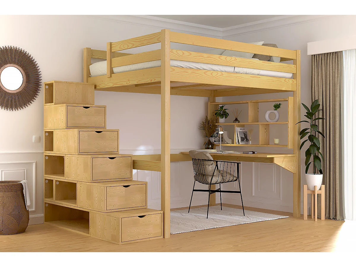 Lit mezzanine bois 140x200 Sylvia avec escalier cube, Miel