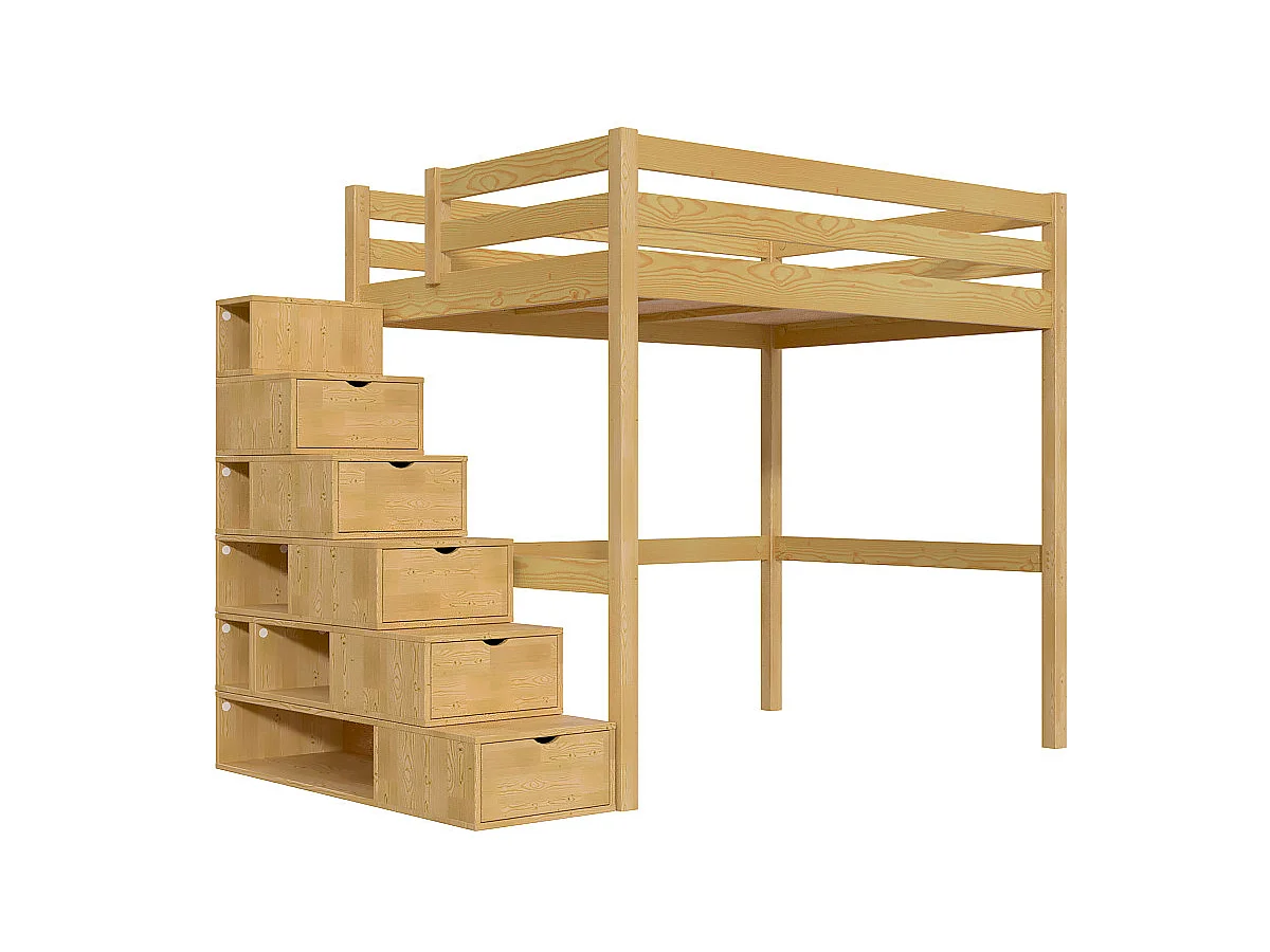 Lit mezzanine bois 140x200 Sylvia avec escalier cube, Miel