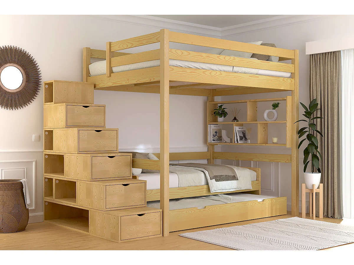 Lit mezzanine bois 140x200 Sylvia avec escalier cube, Miel