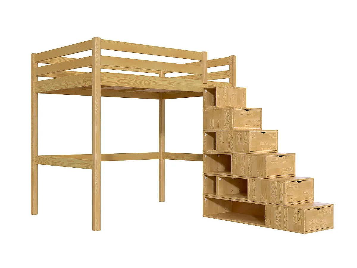 Lit mezzanine bois 140x200 Sylvia avec escalier cube, Miel