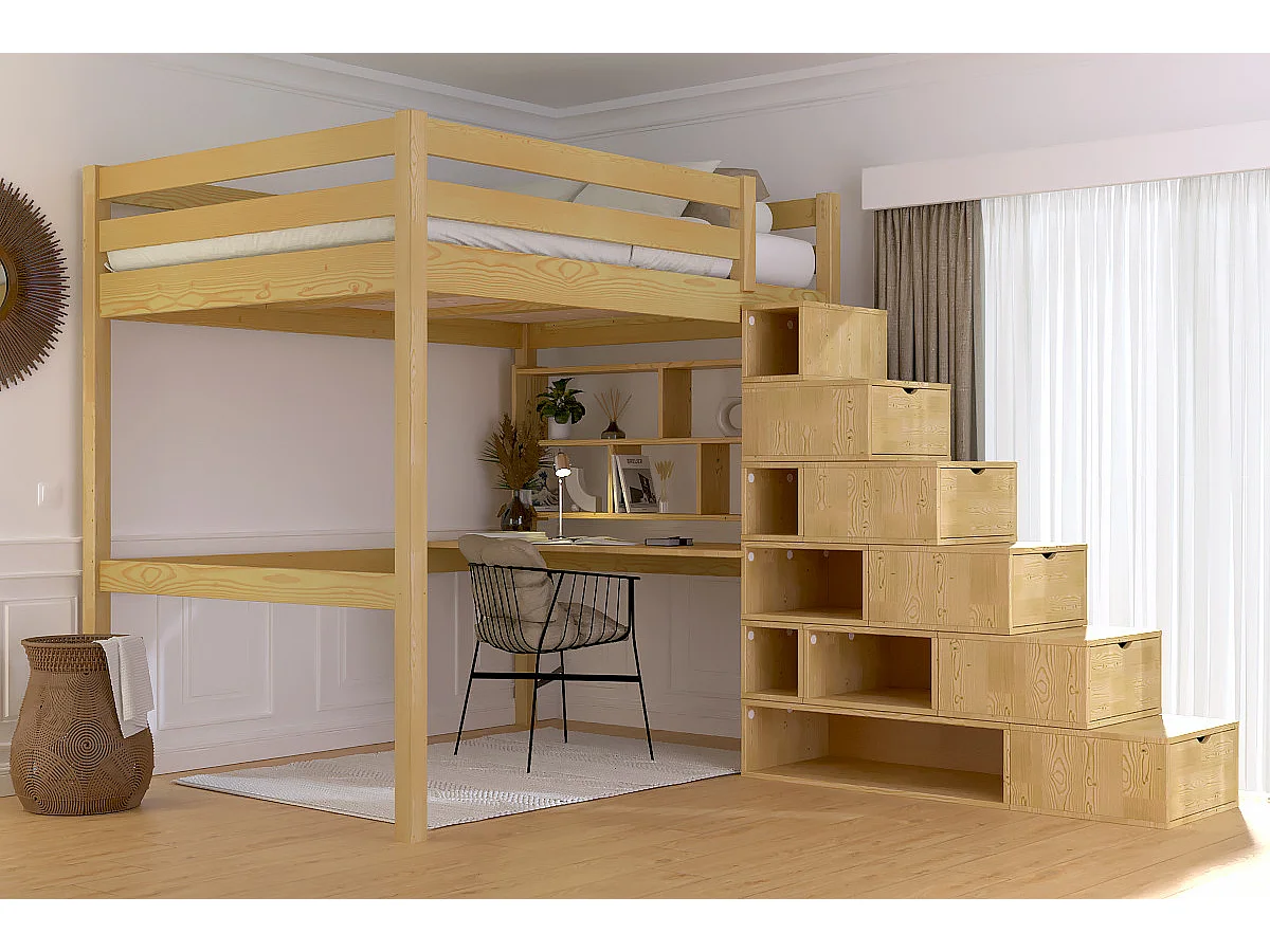 Lit mezzanine bois 140x200 Sylvia avec escalier cube, Miel