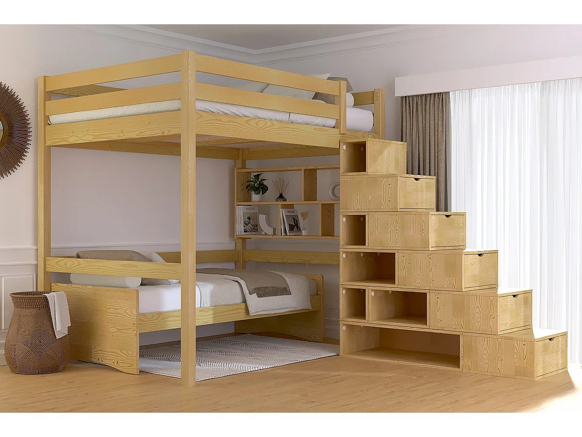 Lit mezzanine bois 140x200 Sylvia avec escalier cube, Miel
