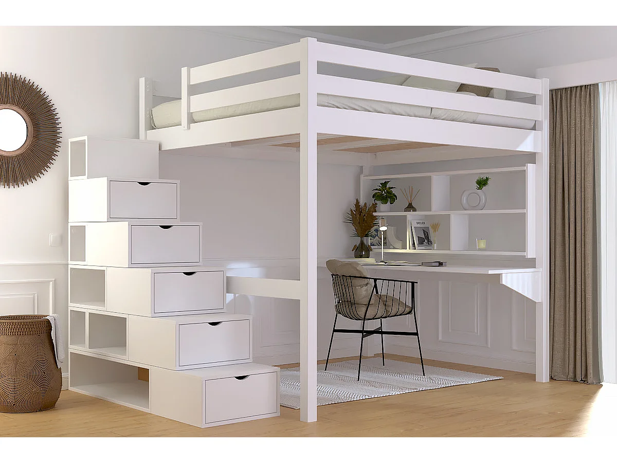 Lit Mezzanine bois 160x200 avec escalier cube Sylvia, Blanc