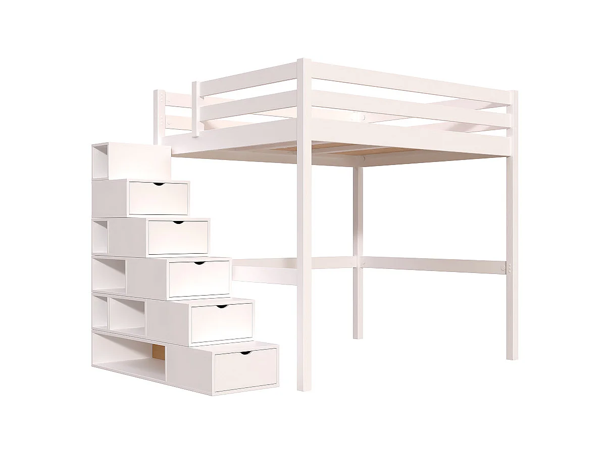 Lit Mezzanine bois 160x200 avec escalier cube Sylvia, Blanc