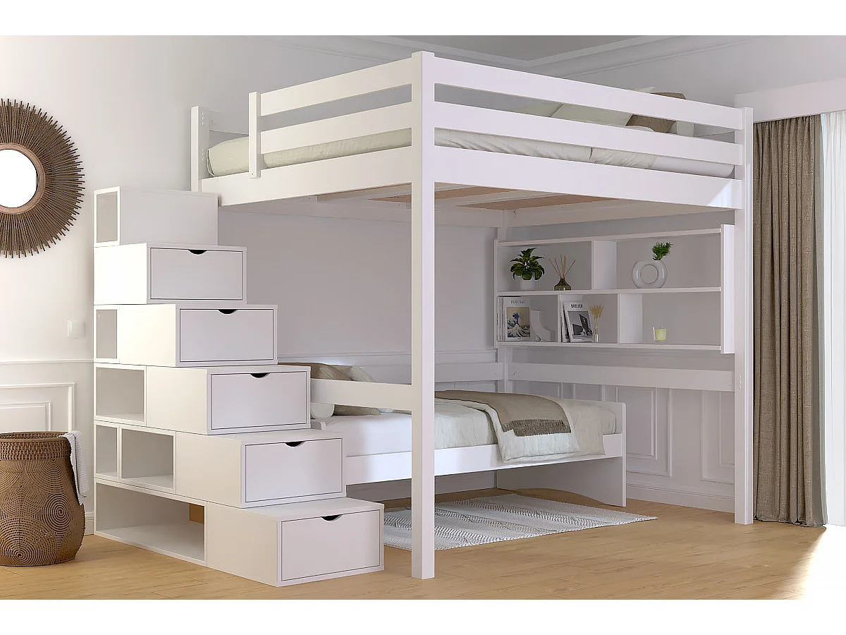 Lit Mezzanine bois 160x200 avec escalier cube Sylvia, Blanc