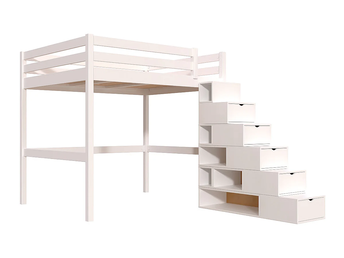 Lit Mezzanine bois 160x200 avec escalier cube Sylvia, Blanc