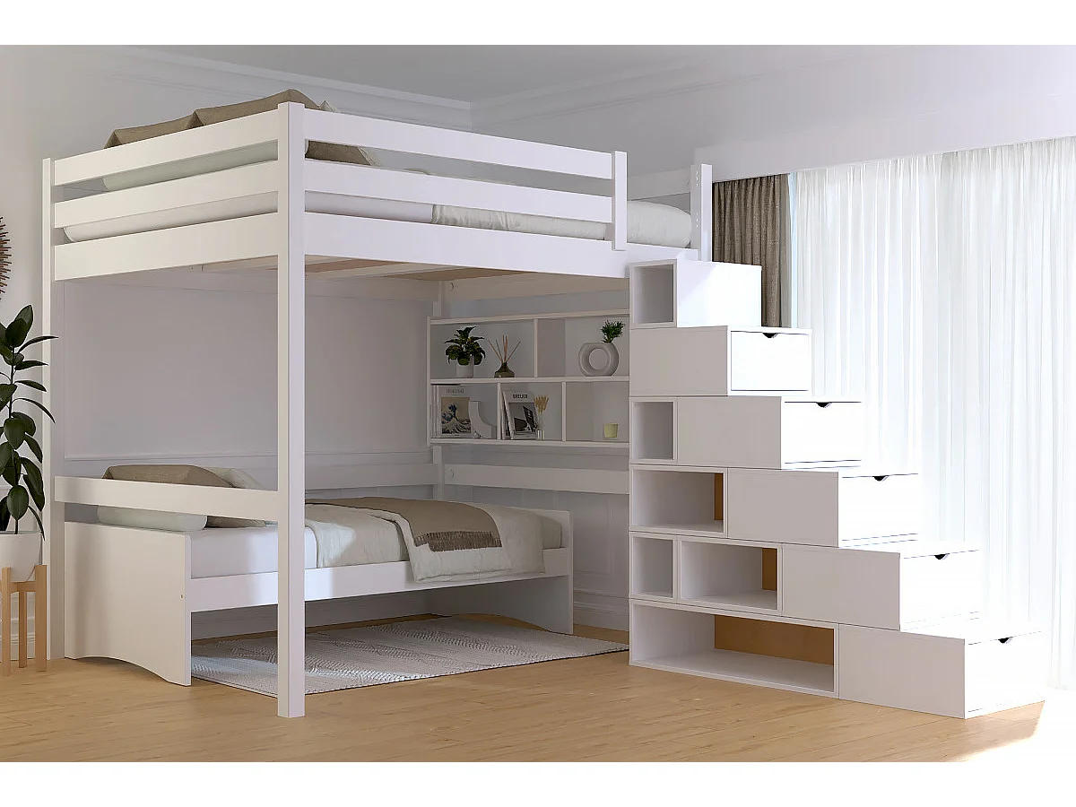 Lit Mezzanine bois 160x200 avec escalier cube Sylvia, Blanc